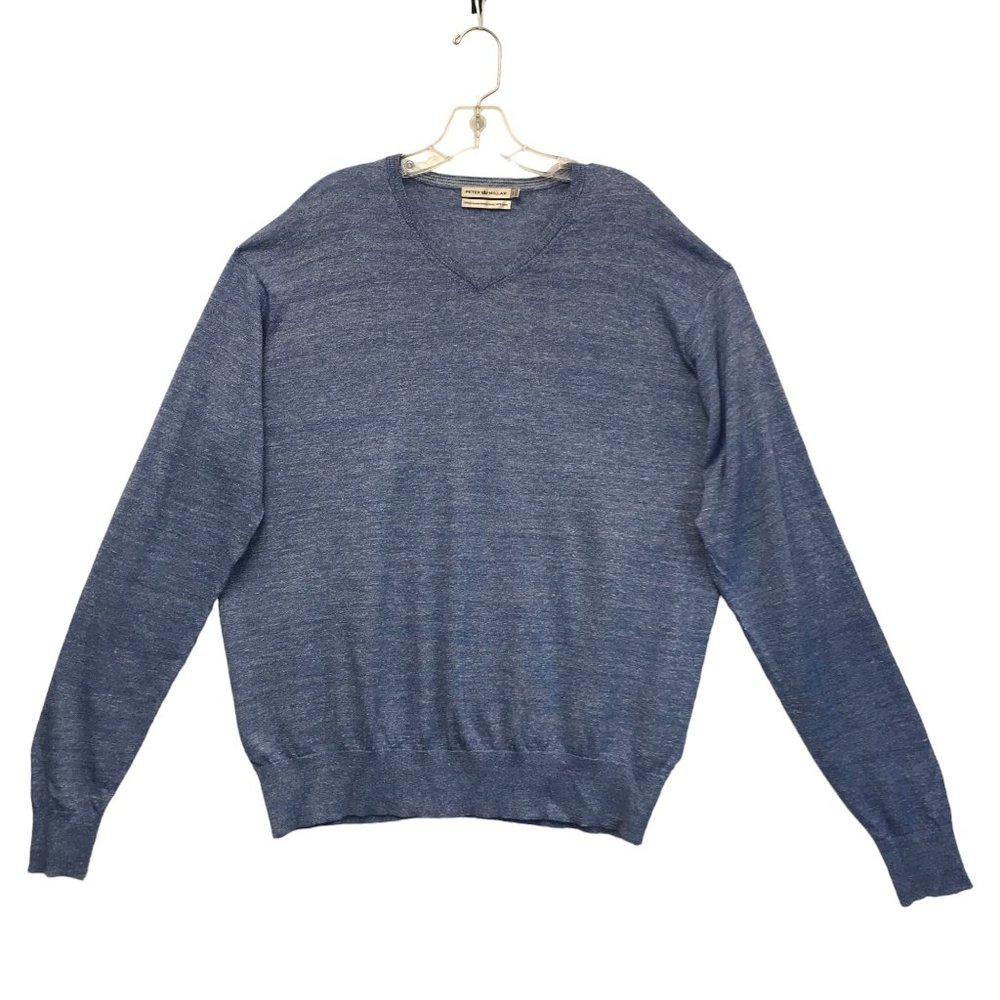 PETER MILLAR Mens L Blue Pullover Sweater Wool Linen Blend V Neck Lightweight